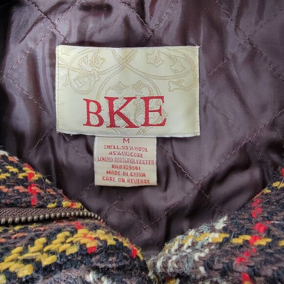 BKE Plaid Wool Toggle Coat Jacket M Hooded Brown Red Yellow Check Y2K Retro - Picture 6 of 7
